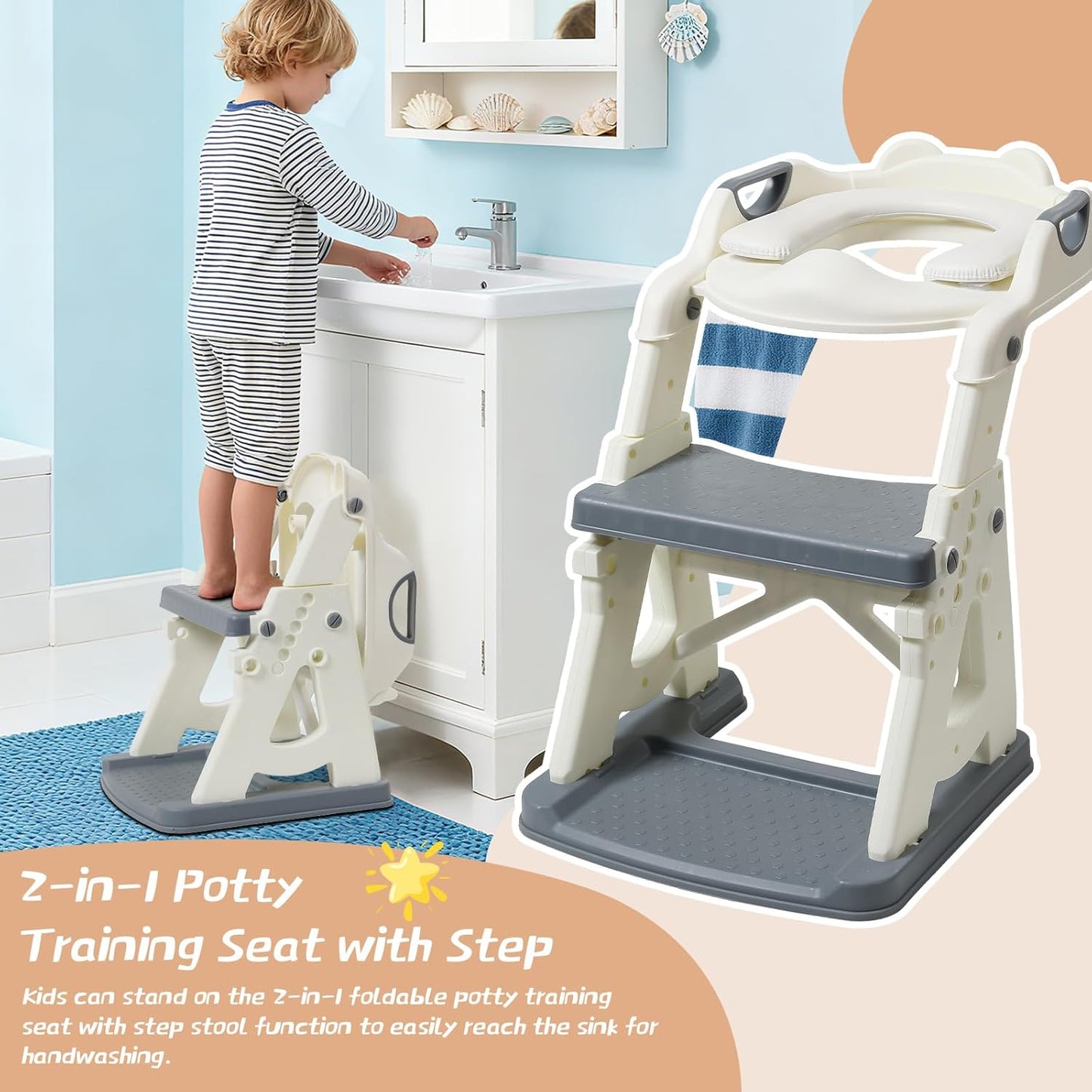 Potty Training Toilet Seat for Toddlers,2 in 1 Toddler Toilet Seat with Steps, Grey Adjustable Toddler Seat for Boys Girls,with Anti-Slip Steps Splash Guard Safety Handles.