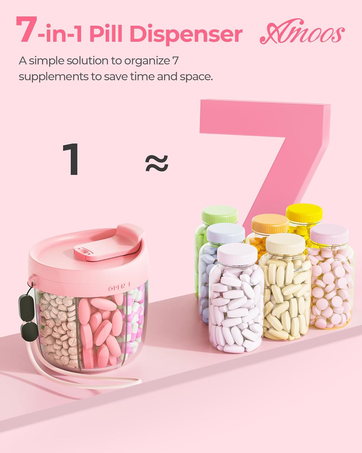 AMOOS Cute Pill Dispenser with 7 Compartments, Pill Bottle Organizer with Anti-Mix Design, Portable Pill Organizer for Travel with Wide Mouth for Easy Access, BPA-Free Patented Pill Container, Pink
