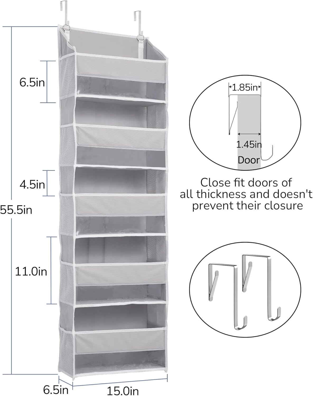 ULG 1 Pack Over Door Organizer with 5 Large and 10 Mesh Side Pockets, 44 lbs Weight Capacity Hanging Storage with Clear Window Kids Toys, Shoes, Diapers, Dark Grey, 5 Layers
