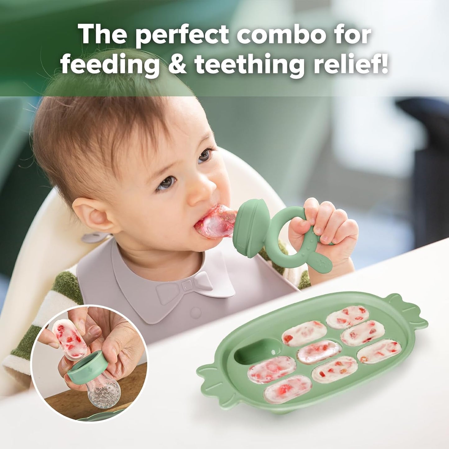 Haakaa Baby Fruit Food Feeder & Silicone Freezer Nibble Tray Combo - Breastmilk Popsicle Mold for Baby Cooling Relief, BPA Free Baby Mesh Food Feeder for Infant Self Feeding