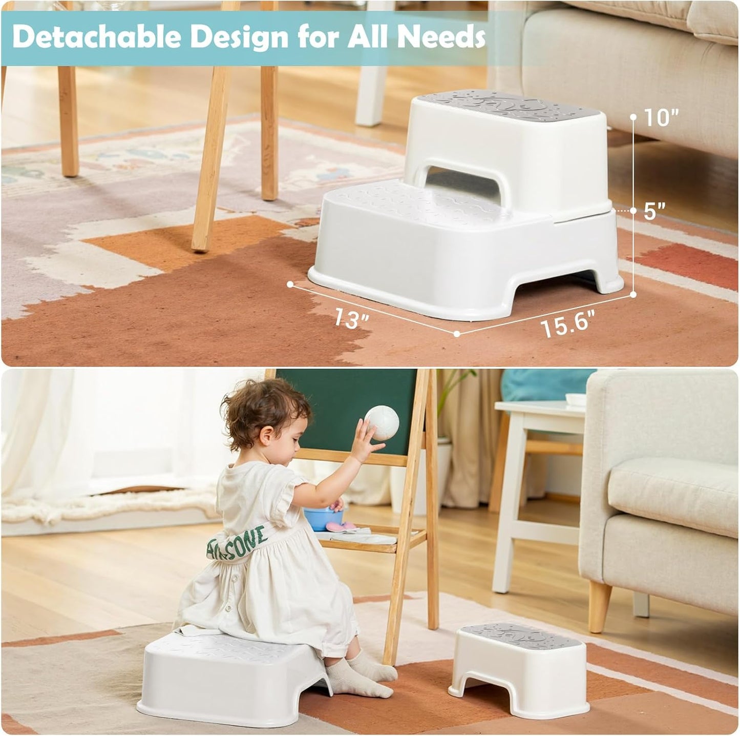 2-Step Toddler Step Stool, Non Slip Kids Step Stool for Bathroom Sink & Toilet Potty Training, Sturdy Stable Base, 10”Height Supports 220 lbs (2Packs White)