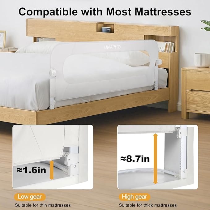 Bed Rail for Toddlers,Swing Down Kids Bed Rails Guard for Twin,Full,Queen,Bunk Size Bed,Extra Tall Child Bed Rail Guard with Reinforced Anchor Safety System,59" L x 31" H,White