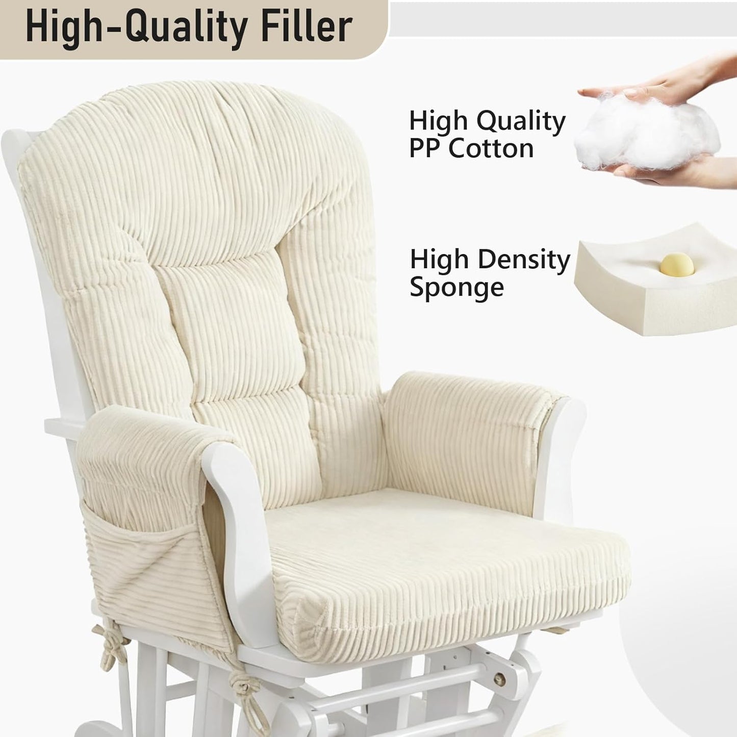 5PCS Glider Rocker Replacement Cushions with Storage Side Pockets, Thickened 3.5IN Seat & Supportive Striped Plush Rocking Chair Cushion Set with Ottoman Cover for Indoor Nursery, Beige
