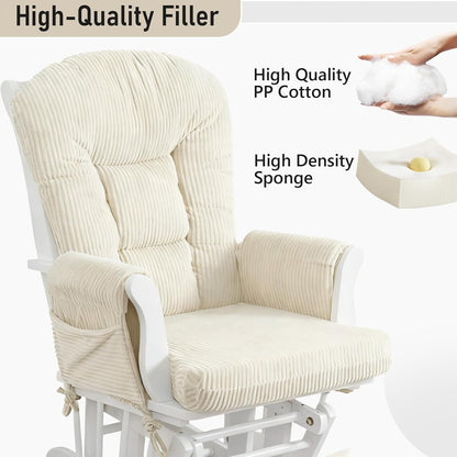 5PCS Glider Rocker Replacement Cushions with Storage Side Pockets, Thickened 3.5IN Seat & Supportive Striped Plush Rocking Chair Cushion Set with Ottoman Cover for Indoor Nursery, Beige