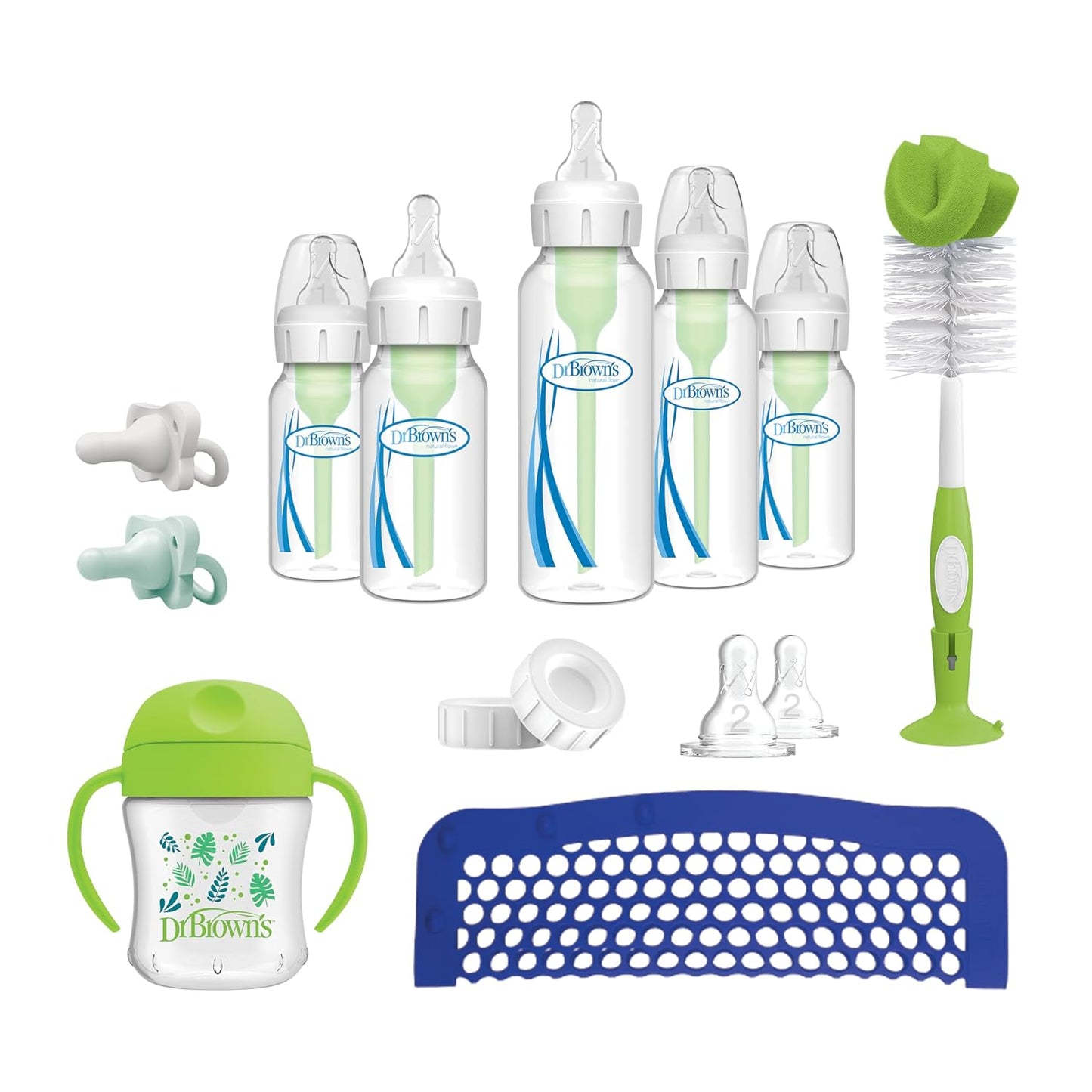 Dr. Brown's Natural Flow Anti-Colic Options+ All-In-One Gift Set for Newborn, with Bottle Warmer, HappyPaci Pacifiers, Cleaning Brush, Formula Mixing Pitcher & Formula Dispenser, 0m+