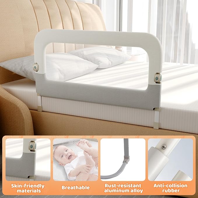 omzer Bed Guard Rail for Toddlers - 32inch Folding up & Adjustable Heights Baby Bed Safety Rails - Portable Toddler Bed Barrier Railing Guard for Kids Twin, Bunk, Queen, Full Size Bed