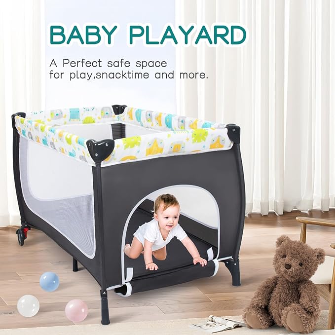 ANNA QUEEN 4 in 1 Pack and Play,Portable Baby Crib Deluxe Nursery Center, Foldable Travel Playard,Adjustable Canopy,Music Box,Changing Table for Newborn, Infant,Toddler