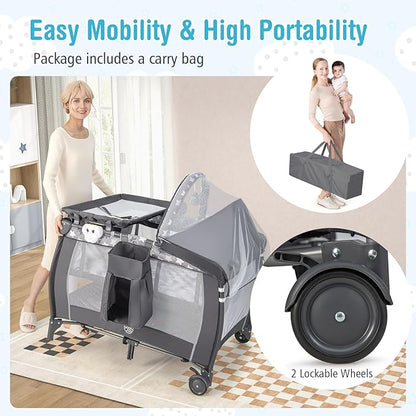 BABY JOY 4 in 1 Pack and Play, Portable Baby Playard with Bassinet, Adjustable Canopy, Changing Table, Lockable Wheels, Glowing Music Box, Travel Baby Crib Bassinet Bed from Newborn to Toddler