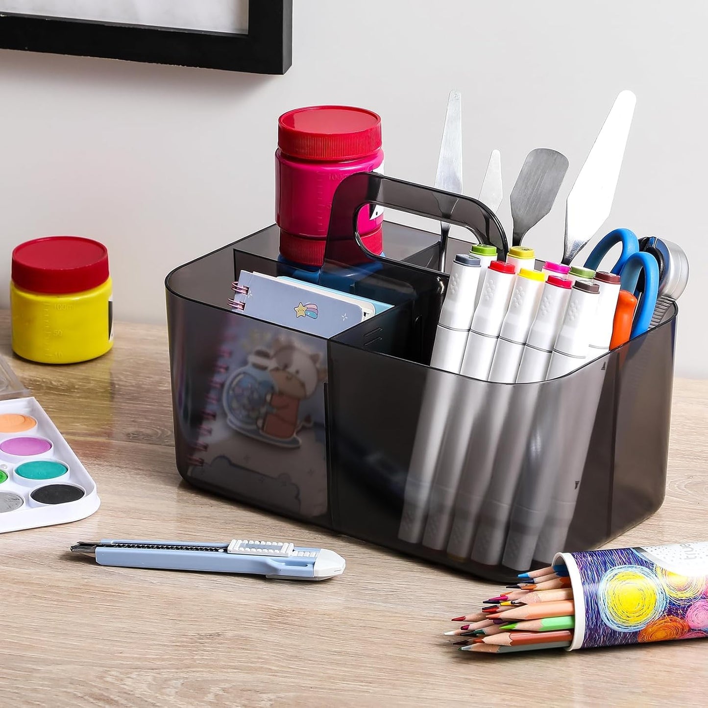 Multiuse Caddy Organizer with Handle, Portable Divided Plastic Tote Bin - Art Craft, Stationary Pen Marker Crayons, Makeup Hair Supplies Storage - Bathroom, Classroom, Dorm, Office, Desk Holder - Pink