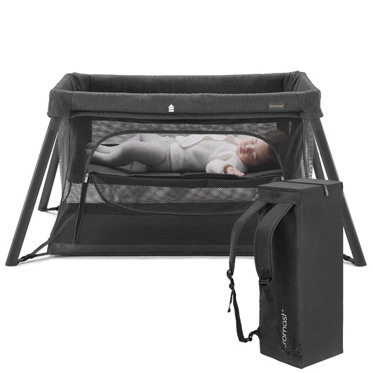 Gromast 2 in 1 Portable Travel Crib for Toddler, Foldable Crib for Baby, Lightweight Playpen Collapsible Playard with Soft Mattress, Easy to Carry Baby Travel Bed for Outdoor, Indoor (Grey)