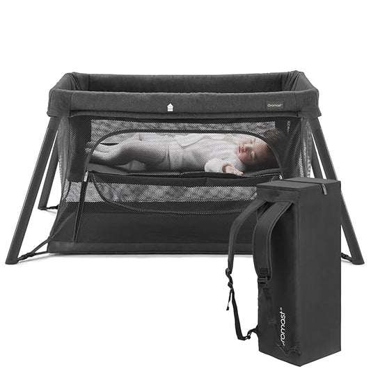 Gromast 2 in 1 Portable Travel Crib for Toddler, Foldable Crib for Baby, Lightweight Playpen Collapsible Playard with Soft Mattress, Easy to Carry Baby Travel Bed for Outdoor, Indoor (Black)