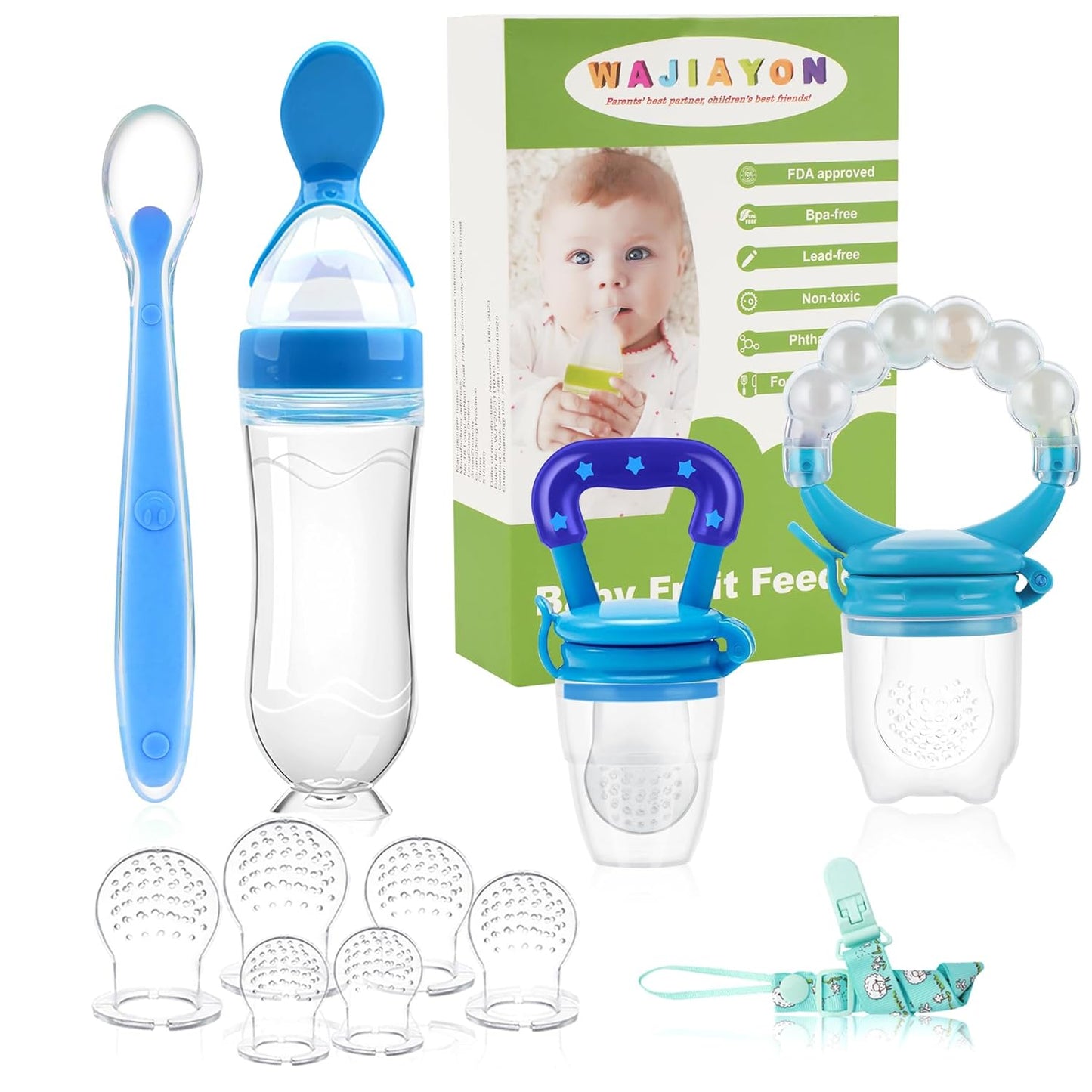 WAJIAYON Baby Fruit Feeder Pacifier - 12 Pack | 2 Infant Food Feeder Pacifier & 1 Babies Food Dispensing Spoon | Fresh Fruit Teethers for Babies | Silicone Feeder Baby,Infant Teething Feeders(Green)