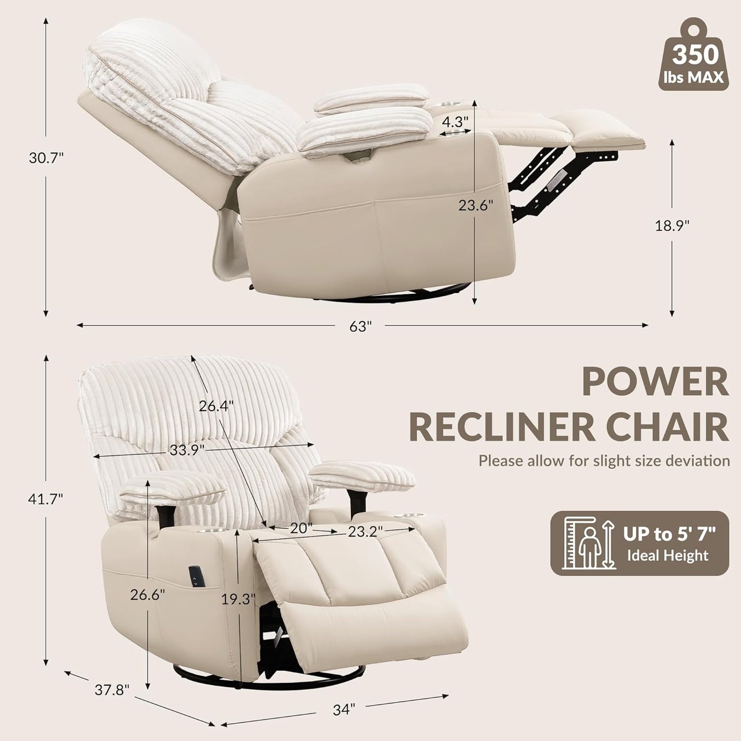 GRAINELL Oversize Power Swivel Recliner, 40in Wide Electric Glider Rocking Chair with Headrest Adjustment, USB Port, 270° Swivel, Rock 30° – for Living Room, Nursery, Black (5" 7' to 6" 1' Height)