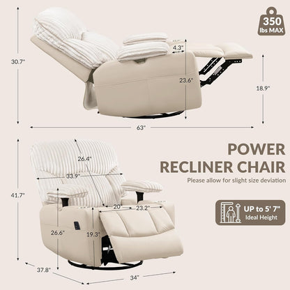 GRAINELL Oversize Power Swivel Recliner, 40in Wide Electric Glider Rocking Chair with Headrest Adjustment, USB Port, 270° Swivel, Rock 30° – for Living Room, Nursery, Black (5" 7' to 6" 1' Height)