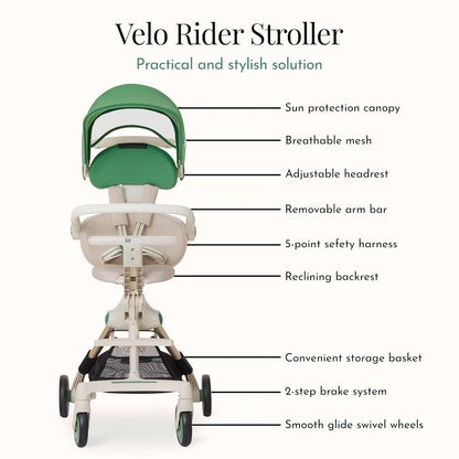 Evolur Velo Rider Travel Stroller – Compact, Lightweight Umbrella Stroller for Toddlers 6–36 Months, One-Hand Fold, Footrest, Rear Platform, 5-Point Harness, Portable & Travel-Friendly
