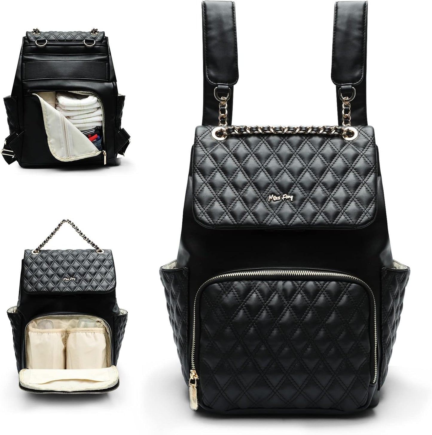 miss fong Diaper Bag Backpack Baby Diaper Bag for baby boy and girls, Leather Baby Bag with 13 diaper bag organizing pouches, Changing Pad, Stroller Straps and 4 Insulated Pockets(Black)