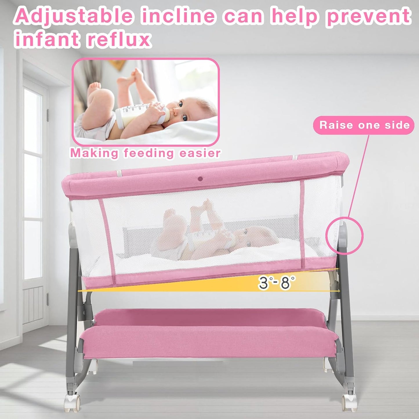 Jixrolyn 3 in 1 Baby Bassinet Bedside Sleeper, Height Adjustable Bedside Bassinet for Newborn and Infant with Mattress, Storage Basket, and Wheels (Grey)