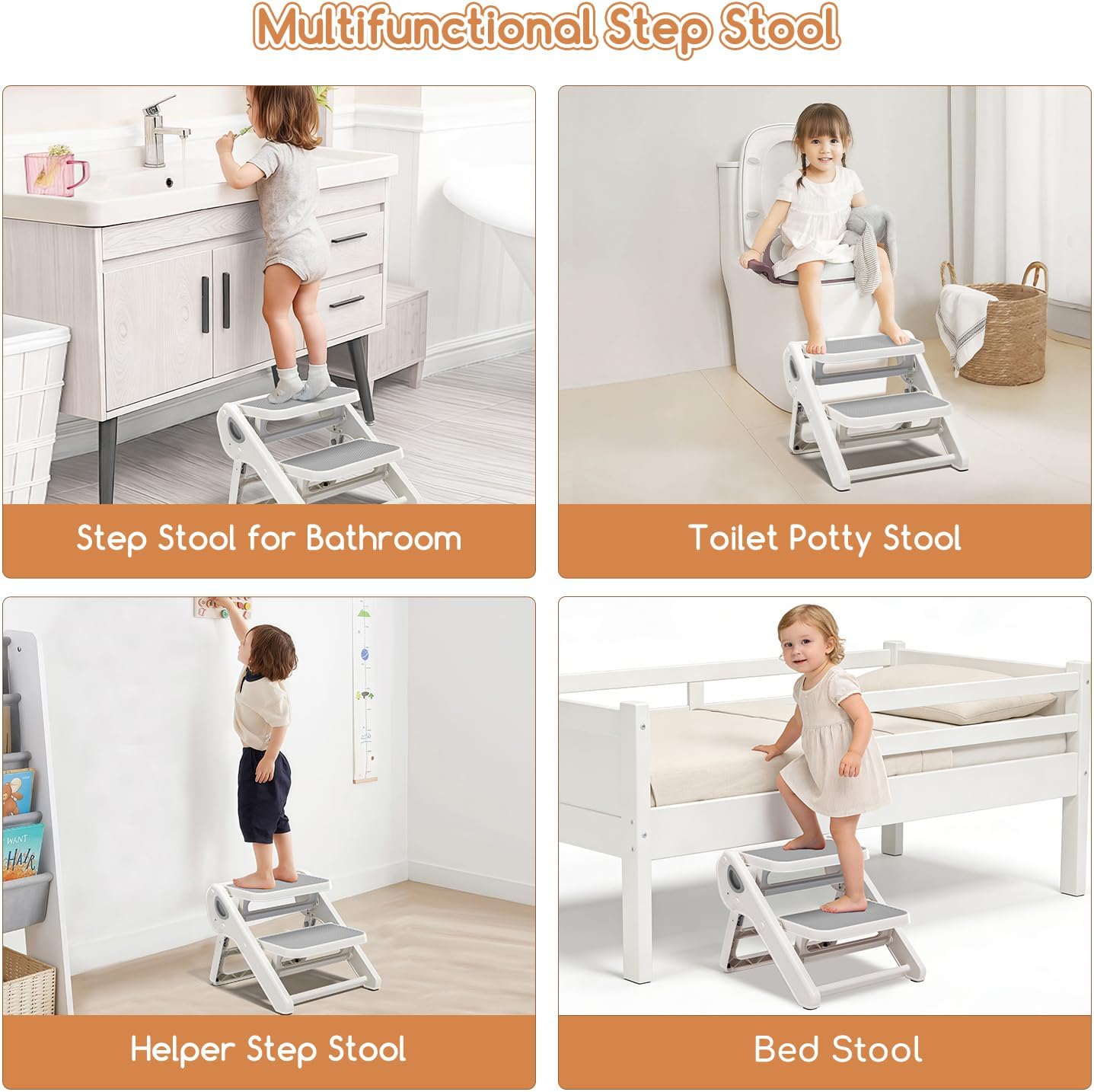 MoreFeel Foldable Toddler Step Stool for Bathroom Sink - 2-Step Kids Stool for Potty Training, Kitchen Counter & Bedroom, Sturdy Non-Slip Child Safety Stool Helper