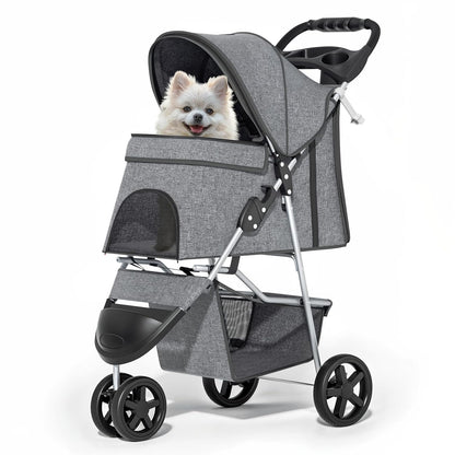 MoNiBloom Foldable Pet Stroller with Weather Cover, 3 Wheels Pet Strolling Cart for Small/Medium Dogs and Cats with Storage Basket and Cup Holder, Breathable and Visible Mesh for All-Season, Black