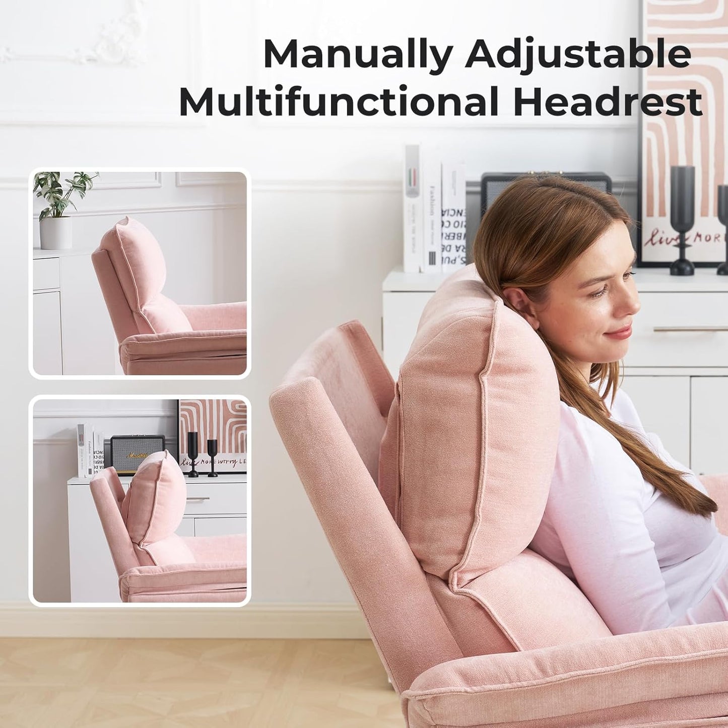 Oversized Glider Rocker Recliner, 26" Extra Wide 360° Swivel Nursery Recliner with Adjustable Headrest, Chenille Rocking Nursery Chair with Overstuffed Armrest, Lumbar Support, Light Grey