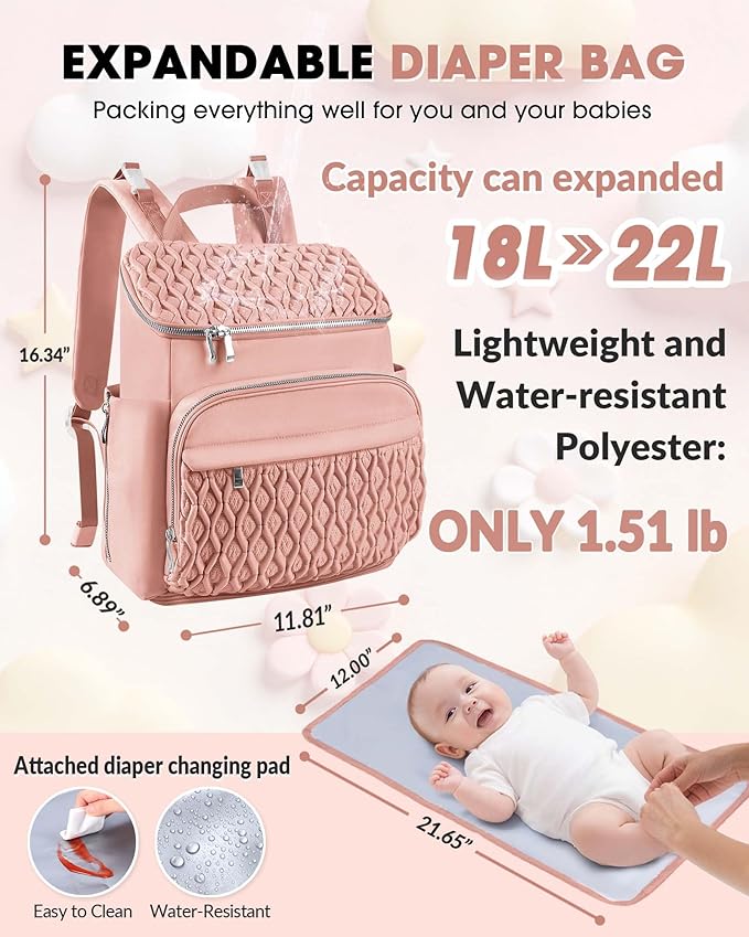 Diaper Bag Backpack, Large Baby Bag for Girl Boy, Travel Diaper Backpack with Insulated Pocket, Cute Diaper Bag Stroller Straps, Baby Shower & Registry Gift for Mom Dad Pink