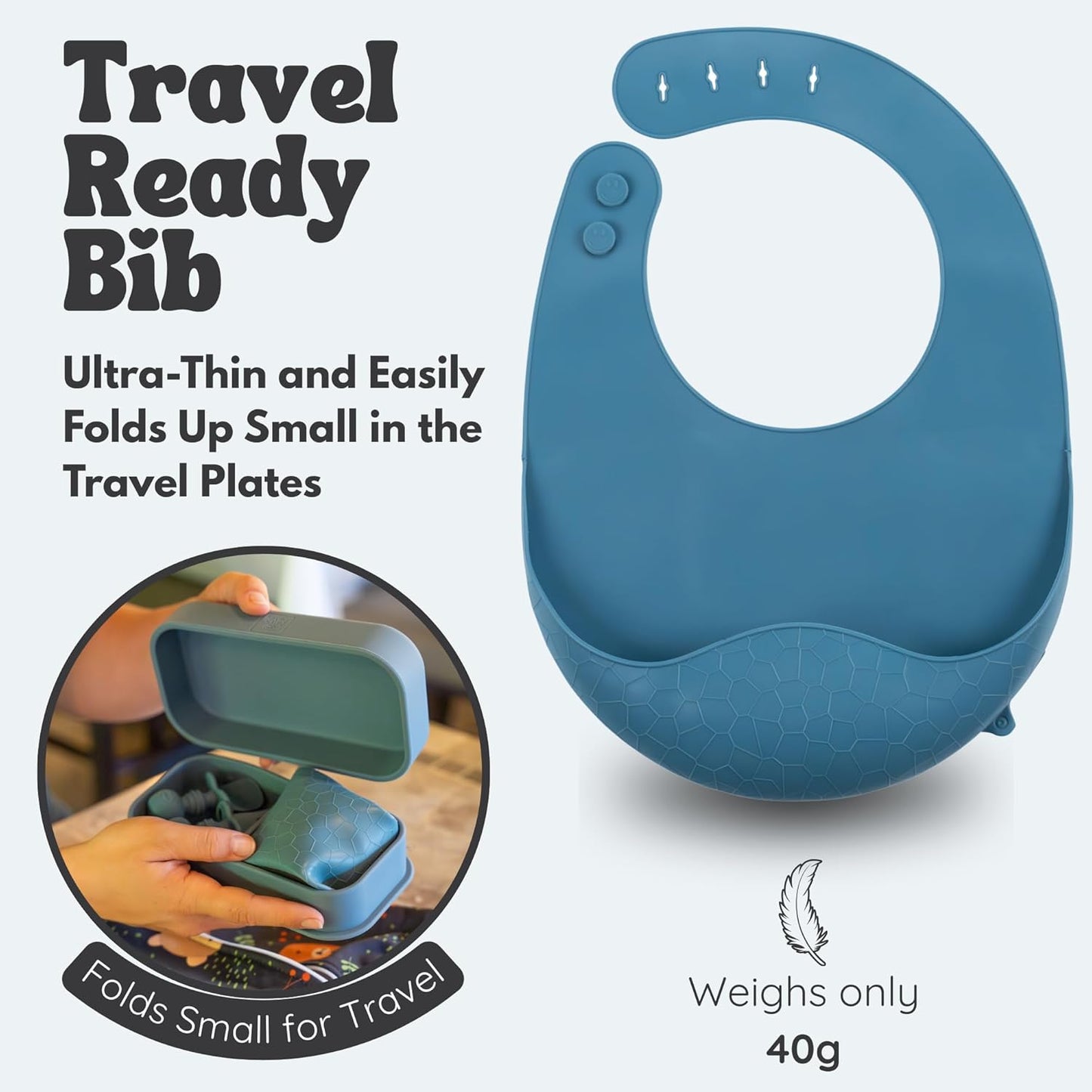 Baby Travel Essentials 6 Pc Silicone Feeding Set - Portable Toddler Plates with Suction, Baby Spoons & Foldable Bib in Carrying Case - BPA-Free Infant & Toddler Utensils for Airplanes & Eating Out