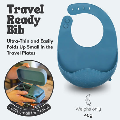 Baby Travel Essentials 6 Pc Silicone Feeding Set - Portable Toddler Plates with Suction, Baby Spoons & Foldable Bib in Carrying Case - BPA-Free Infant & Toddler Utensils for Airplanes & Eating Out