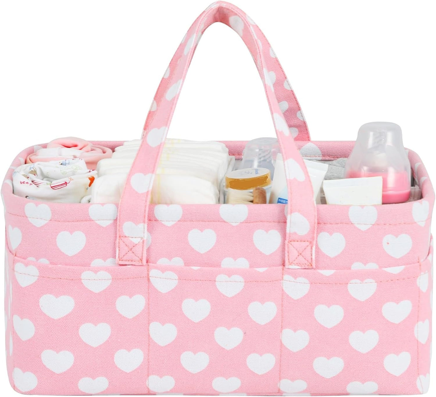 Pink Diaper Caddy Organizer for Baby Girl-Large Portable Diaper Caddy Basket for Changing Table-Diaper Organizer Caddy-Car Travel Tote Bag-Newborn Registry Baby Shower Basket for Diapers & Wipes