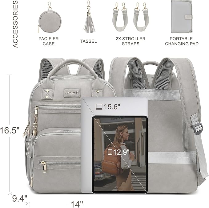 ROSEGIN Premium Vegan Leather Diaper Bag Backpack with Waterproof Changing Pad, Reinforced Zippers & Odor-Free, 20 Pockets Pro Organizer, Fits 15.6" Laptop, Stroller Straps, Baby Bag for Mom, Grey
