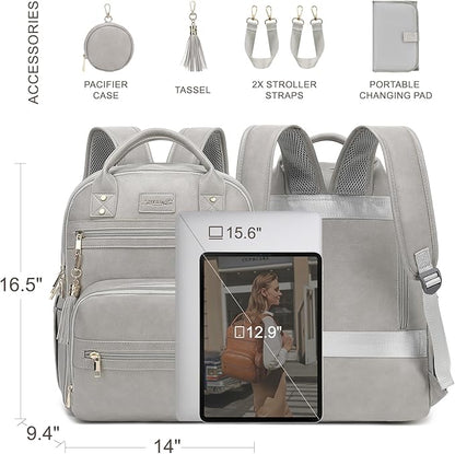 ROSEGIN Premium Vegan Leather Diaper Bag Backpack with Waterproof Changing Pad, Reinforced Zippers & Odor-Free, 20 Pockets Pro Organizer, Fits 15.6" Laptop, Stroller Straps, Baby Bag for Mom, Grey