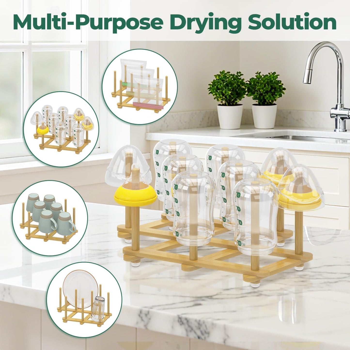 EsLuker.ly Baby Bottle Drying Rack Bamboo Vertical Dryer Holder, Space Saving for 12 Milk Glass Bottle Countertop, Wooden Drain Stand Shelf for New Parents