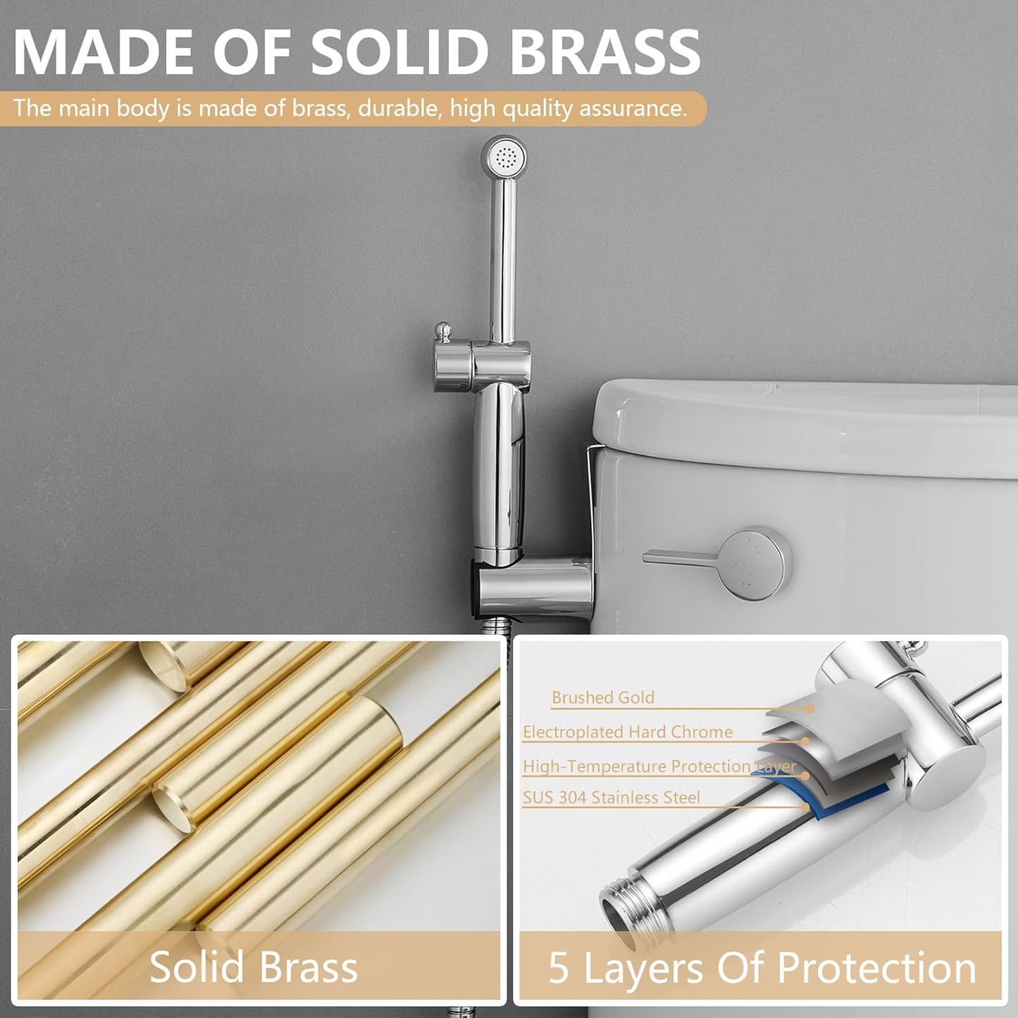 Handheld Bidet Sprayer for Toilet, All Brass Bathroom Toilet Sprayer Bidet Attachment Set, Baby Cloth Diaper Spraying Kit for Pet Bathing and Feminine Care, Brushed Nickel