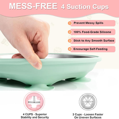 Bella’s Friends Stainless Steel Baby Plates with Suction 3 Pack, 8” Divided Toddler Plates with Removable Silicone Sleeves for Mess-Free Feeding, Non-Toxic, Non-Slip, Dishwasher Safe, beige,gray,green