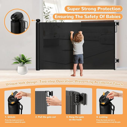 Wide Retractable Baby Gate - 34" Tall Extends to 71" Wide Mesh Safety Gate with Anti-Crawling Hook, Adjustable Baseboard Bracket, Dog Gate for Stairs, Doorways, Hallways, Black