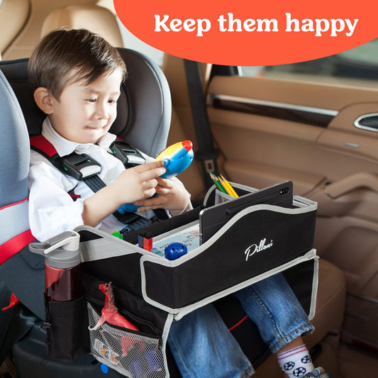 PILLANI Kids Travel Tray for Car Seat - Carseat Tray w/ iPad Holder & Dry Erase Board, Road Trip Activities - Toddler Lap Desk Organizer for Airplane - Roadtrip & Travel Essentials - Pack of 2, Pink