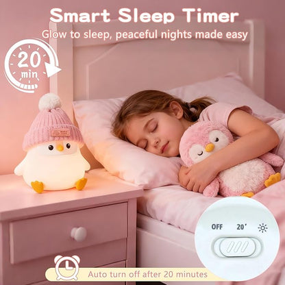 Penguin Silicone Night Light, Cute Pink Penguin Lamp with Hat, Nursery Nightlight for Baby , Rechargeable/Dimmable,LED Squishy Novelty Animal Bedside Touch Lamp,Funny Christmas Gifts for Kids/Girls
