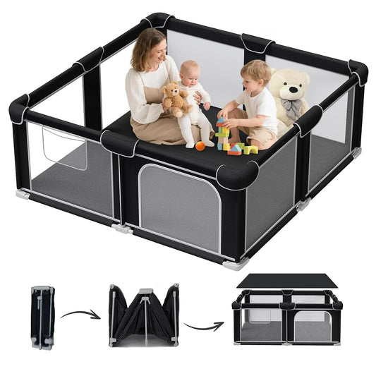 G TALECO GEAR Foldable Playpen for Babies and Toddlers, 71"x79" Portable Play Yard with Mat, Kids Collapsible Play Pen with Sturdy Metal Frame & Mesh Walls, Indoor & Outdoor Baby Fence Play Area