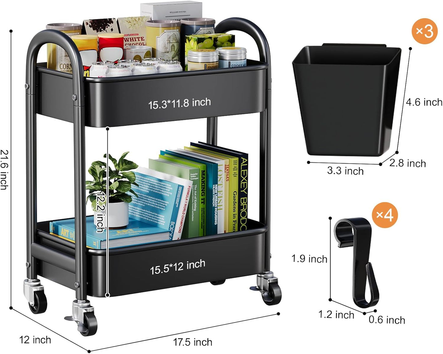 3 Tier Heavy Duty White Metal Rolling Cart with Lockable Wheels, Three Tier Roller Book Snack Cart, Utility Storage Organizer Carts for Kitchen, Bathroom, Garage, Baby Diaper, Craft, Art, Teacher