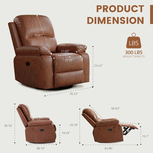 Leather Swivel Rocker Recliner Chair, Traditional Manual Chair, Upholstered Nursery Glider Rocking Recliner, Comfy Faux Leather Single Sofa with Pocket Spring for Living Room, Camel