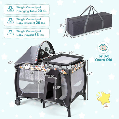 HONEY JOY Pack and Play with Bassinet, 4-in-1 Portable Baby Playard with Changing Table, Net & Cute Toys, Diaper Storage Bag, Music Box, Wheels with Brake, Foldable Newborn Play Yard w/Carry Bag