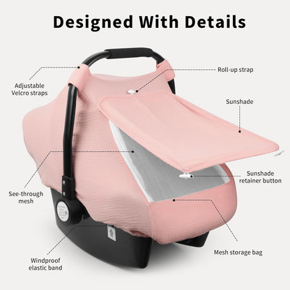 Rquite Car Seat Cover Baby, Carseat Covers Girl Boy, Breathable Muslin Cotton, Large Mesh Window, Infant Car Seat Canopy Baby Carrier Cover Stroller Sun Shade for Summer & Hot Day