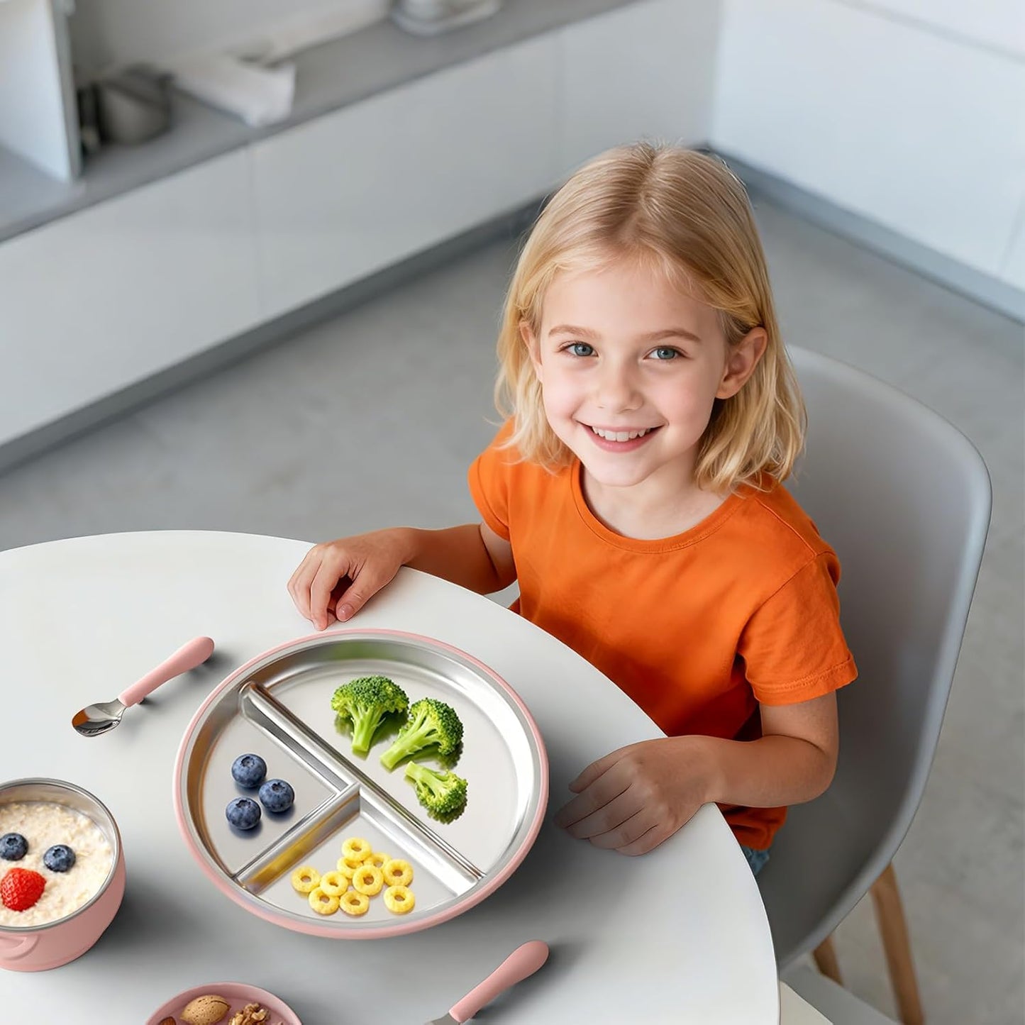 Bakpoco Stainless Steel Toddler Plate with Suction, 9” Divided Plates with Removable Silicone Sleeves for Kids, Non Toxic & BPA Free | Non Slip | Unbreakable Baby Snack Dishes Set of 2, Blue & Gray