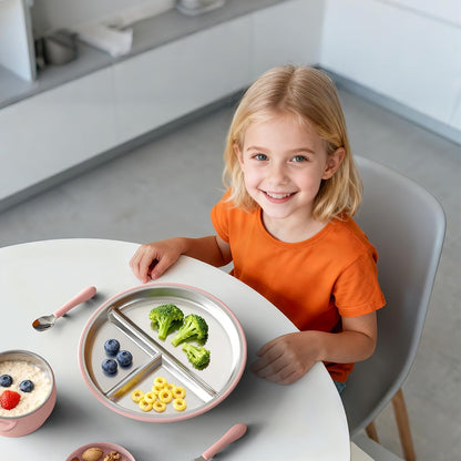Bakpoco Stainless Steel Toddler Plate with Suction, 9” Divided Plates with Removable Silicone Sleeves for Kids, Non Toxic & BPA Free | Non Slip | Unbreakable Baby Snack Dishes Set of 2, Blue & Gray