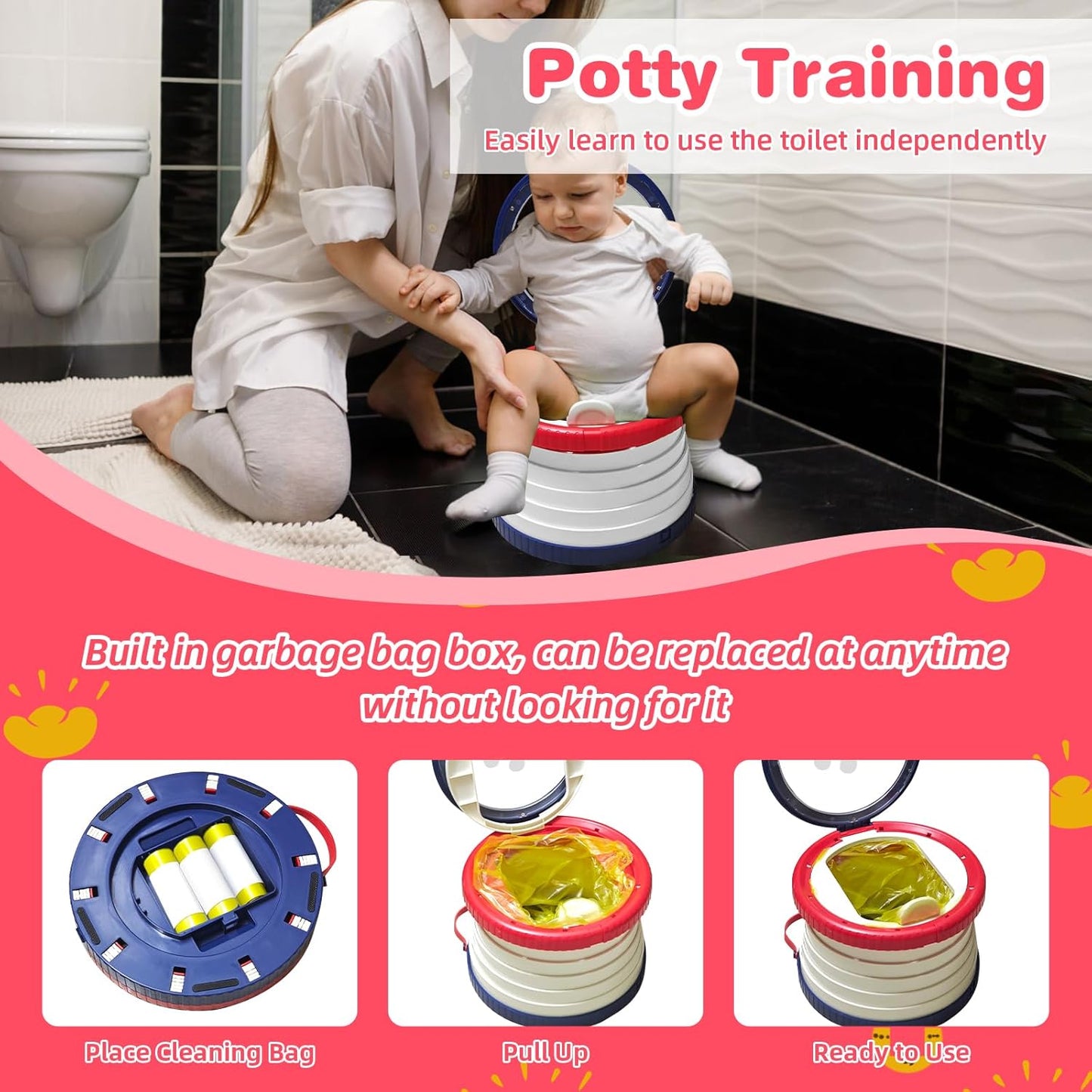 Portable Potty Chair for Toddlers with Splash-Proof Design, Foldable Travel Potty with Bag & 30 Refills - Kids Toilet for Car, Camping, Indoor - Easy Clean Baby Potty Training Seat(Red-blue)