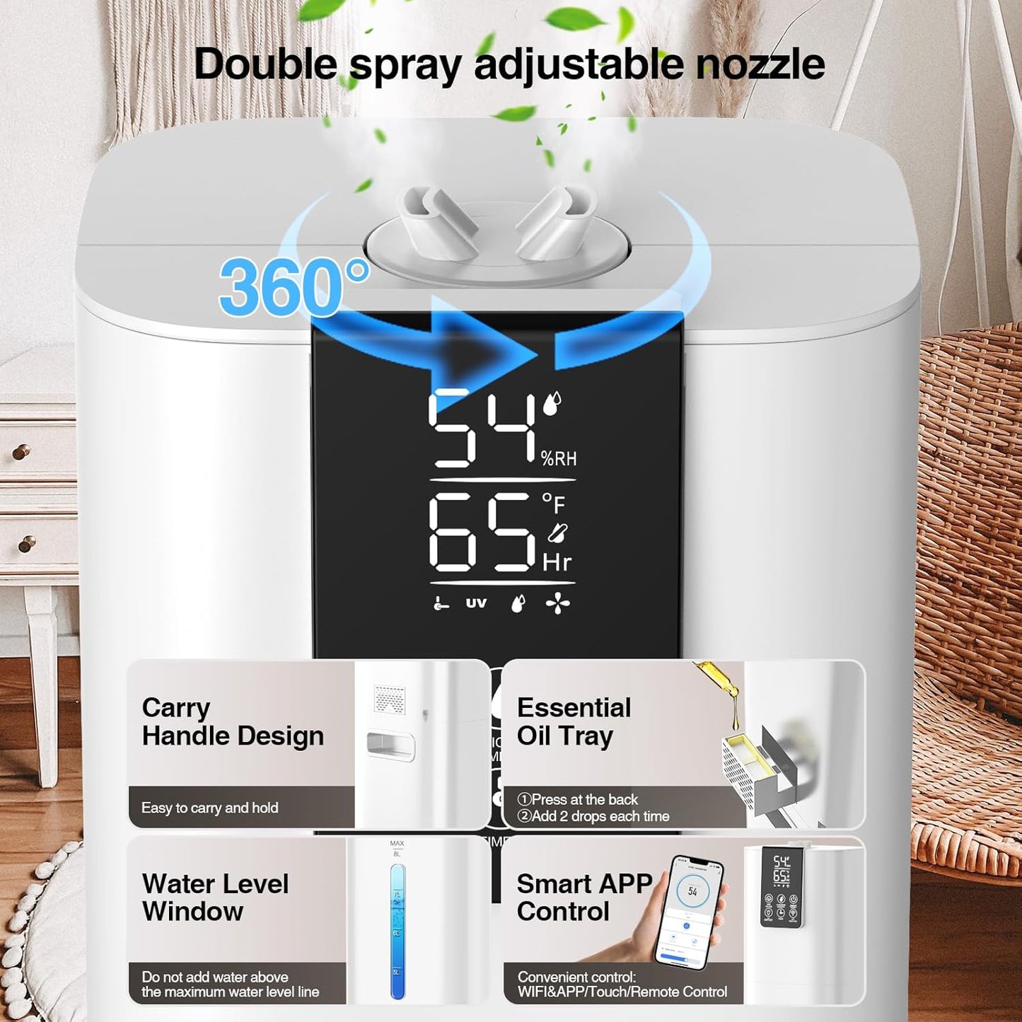 Honovos Smart Humidifiers Large Room Bedroom Home, 2.11Gal(8L) Quiet Top Fill Cool Mist Humidifier, Smart App & Remote Control, 3 Speed Humidifier with 360° Nozzle, Humidity Setting for Baby Office