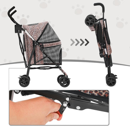 MoNiBloom 4 Wheels Pet Stroller, Easy-Fold Puppy Cage Jogger Stroller with Sun Cover, Pad and Rear Storage Bag, Breathable and Visible Mesh for Small/Medium Pets up to 22 lbs, Black