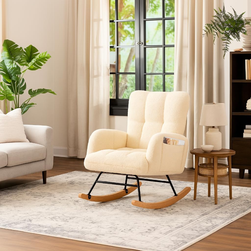 COMHOMA Nursery Rocking Chair with Ottoman,Teddy Glider Rocking Chair,Accent Chair with High Backrest Reading Chair for Adult,Nursery,Bedroom,Living Room,Offices(Beige with Ottoman)