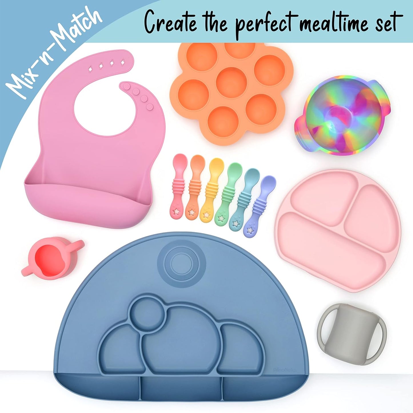 PrimaStella Unbreakable Silicone Non-Slip Bowl and Chew Spoon Set for Babies and Toddlers (Rainbow Swirl)