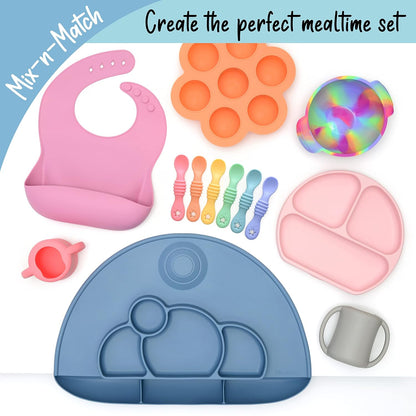 PrimaStella Unbreakable Silicone Non-Slip Bowl and Chew Spoon Set for Babies and Toddlers (Rainbow Swirl)