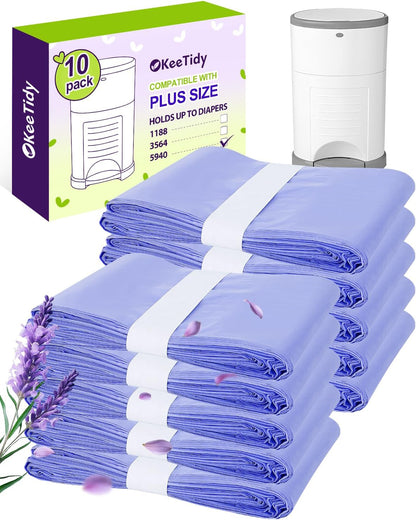 Diaper Pail Refill Bags Compatible with DEKOR PLUS Diaper Pails, 20% Extra Length Diaper Bags Disposable with Lavender Flavor, Holds up to 5940 Diapers, 10 Pack